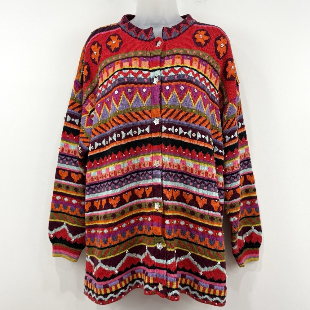 VTG Christine Foley Cardigan 3 Intarsia Beaded Cottagecore Retro Eclectic Boho